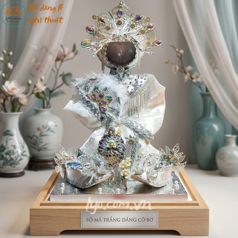 Bộ mã trắng dâng cô Bơ LYO đặt trên đế gỗ, minh họa kiểu dáng và mức độ hoàn thiện